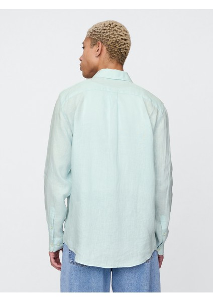 Erkek Yeşil Keten Klasik Gömlek fırsatları