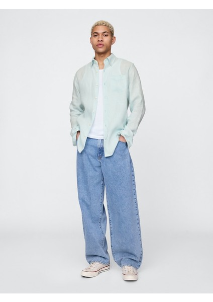 Erkek Yeşil Keten Klasik Gömlek indirimleri