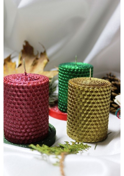 Yılbaşı Üç Renkli Petek Mum Hediyelik Set Boy 7 cm Çap 5 cm Yeşil-Kırmızı-Gold modelleri