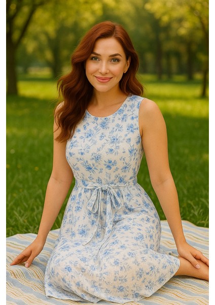 Kadın Çiçek Desenli Kuşak Detaylı Rahat Elbise