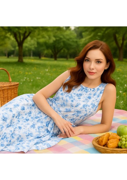 Kadın Çiçek Desenli Kuşak Detaylı Rahat Elbise