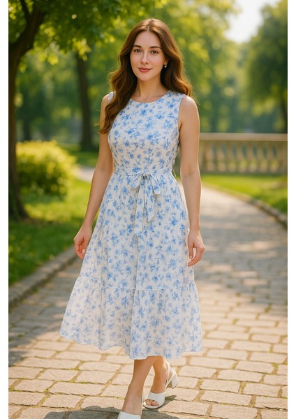 Kadın Çiçek Desenli Kuşak Detaylı Rahat Elbise