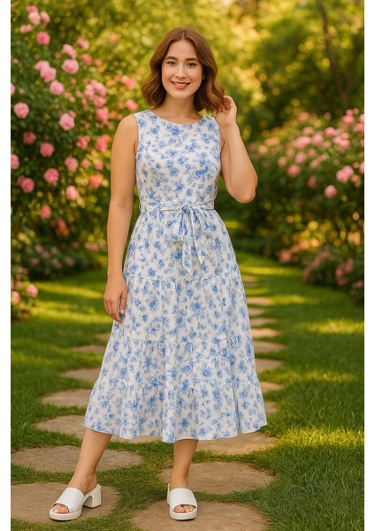 Kadın Çiçek Desenli Kuşak Detaylı Rahat Elbise