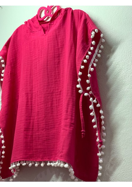 Organik Müslin Kapşonlu Bebek Panço Fuşia Plaj - Çocuk Bornoz indirimleri