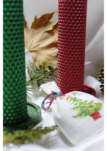 Yılbaşı Çift Renkli Petek Mum Hediyelik Set Boy 20 cm Çap 4 cm Yeşil-Kırmızı