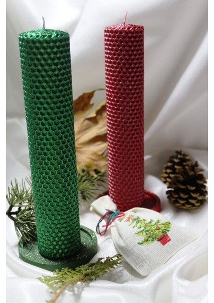 Yılbaşı Çift Renkli Petek Mum Hediyelik Set Boy 20 cm Çap 4 cm Yeşil-Kırmızı modelleri