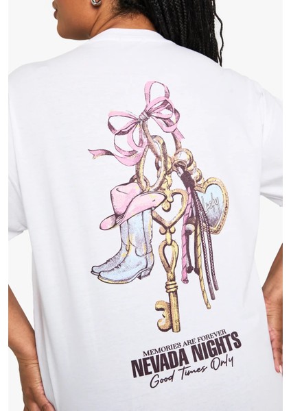 Büyük Beden Kadın Tişört %100 Pamuk Nevada Nights Baskılı Beyaz Oversize Yazlık