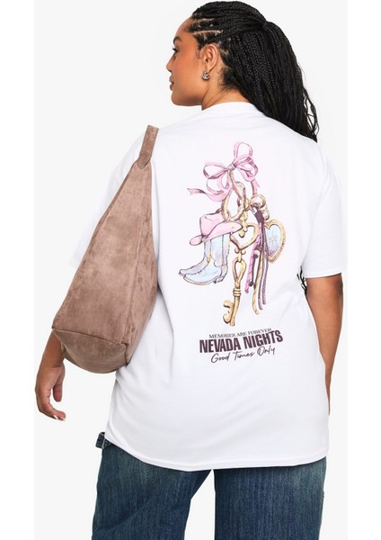 Büyük Beden Kadın Tişört %100 Pamuk Nevada Nights Baskılı Beyaz Oversize Yazlık fırsatları