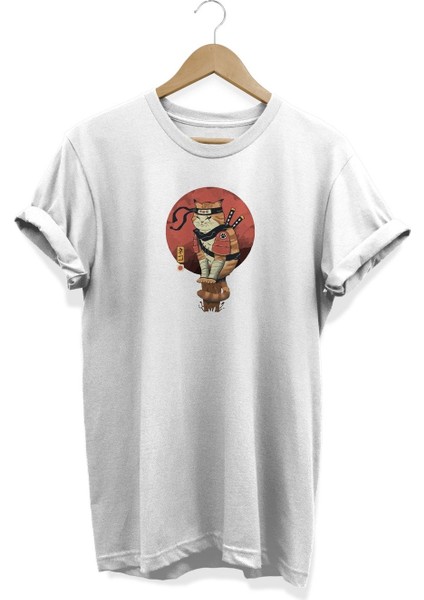 Samuray Kedi Baskılı T-Shirt