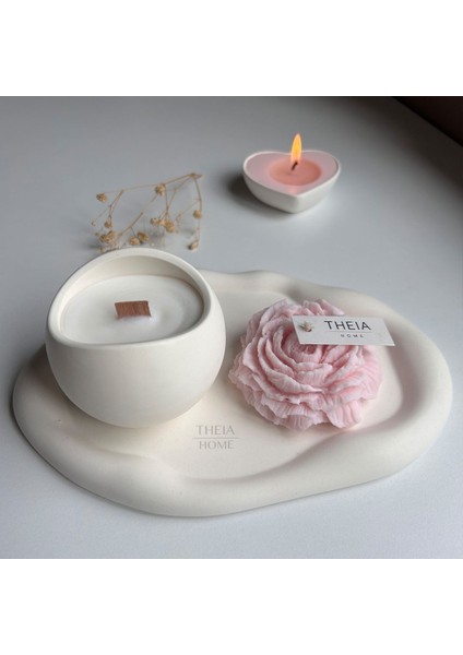 3'lü Set Bulut Dekoratif Tabak, Büyük Dekoratif Vegan Soya Mum ve Pembe Renk Şakayık Mum Set