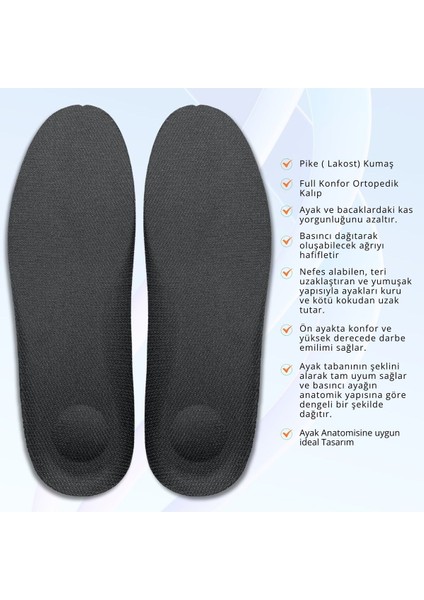 Ultra Anatomik Rahat Ayakkabı Tabanı, Lakost Kumaş Ortopedk Hafif Spor Tabanlık, Siyah, 1 Çift
