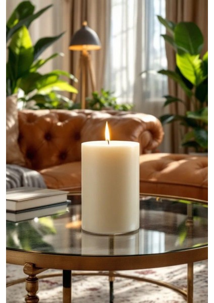 El Işçiliği Blok Kütük Silindir Mum Krem Renk 5 cm x 10 cm Lavanta Kokulu