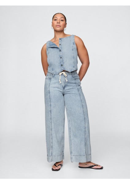 Kadın Mavi Mid Rise Ultrasoft Baggy Jean Pantolon fırsatları