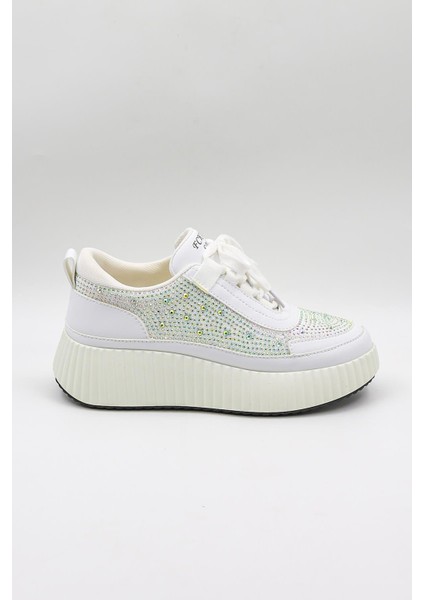 Dolgu Topuk Taşlı Kadın Spor Ayakkabı KB0005 Beyaz