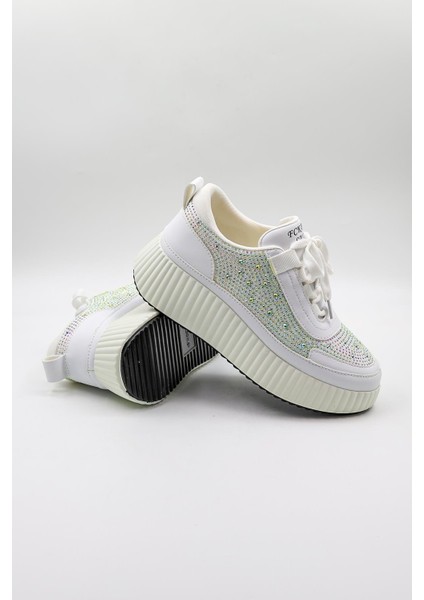 Dolgu Topuk Taşlı Kadın Spor Ayakkabı KB0005 Beyaz modelleri