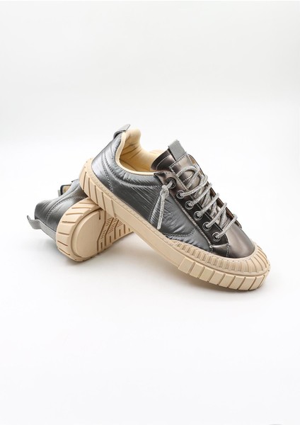 Paraşüt Kumaş Taşlı Bağcıklı Sneaker Kadın Spor Ayakkabı KB2304 Platin modelleri
