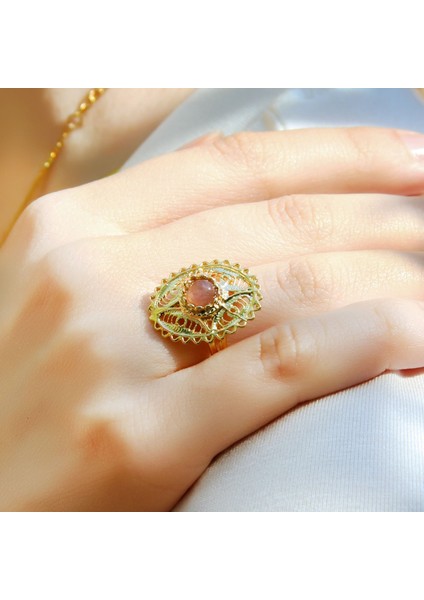 Doğal Taş Pembe Kuvars Doğal Taşlı Telkari Modelli Kadın Ayarlanabilir Altın Kaplama Yüzük EUY65PKG