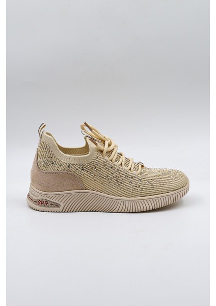 Taş Detaylı Triko Ithal Kadın Sneakers Spor Ayakkabı KB0001 Bej