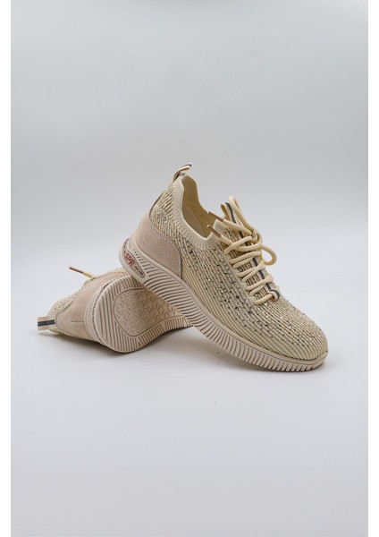 Taş Detaylı Triko Ithal Kadın Sneakers Spor Ayakkabı KB0001 Bej modelleri