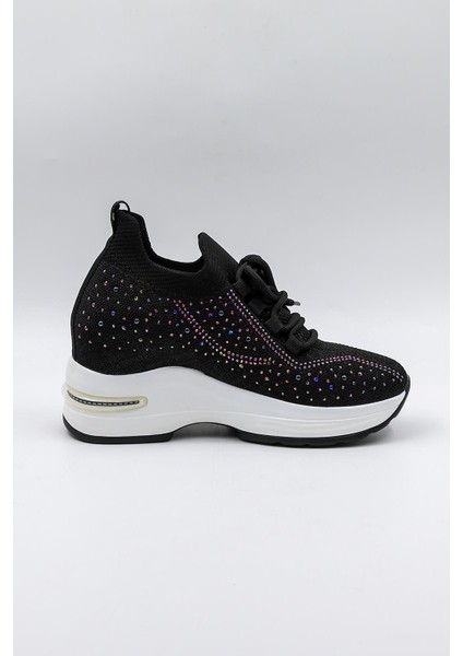Taş Detaylı Triko Ithal Kadın Sneakers Spor Ayakkabı KB0009 Siyah