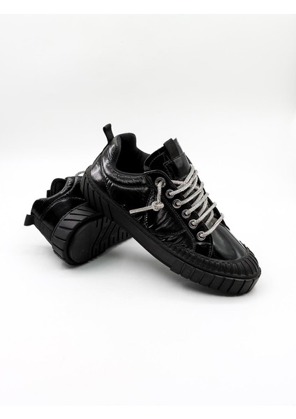 Paraşüt Kumaş Taşlı Bağcıklı Sneaker Kadın Spor Ayakkabı KB2304 Siyah modelleri