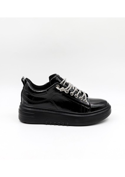 Yüksek Taban Taşlı Bağcıklı Sneaker Kadın Spor Ayakkabı KB6002 Siyah