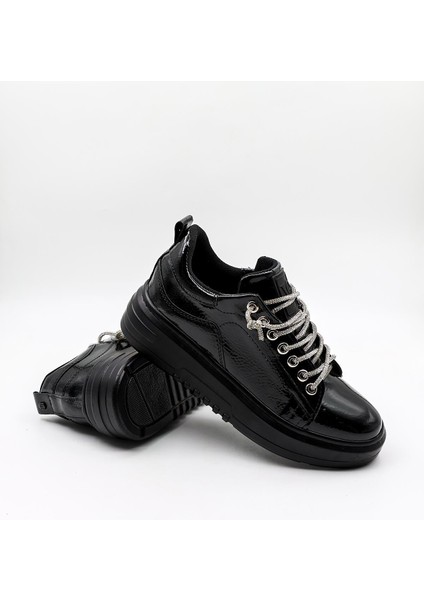 Yüksek Taban Taşlı Bağcıklı Sneaker Kadın Spor Ayakkabı KB6002 Siyah modelleri