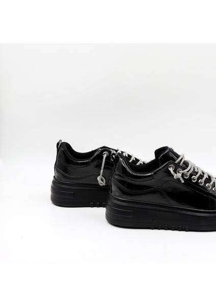 Yüksek Taban Taşlı Bağcıklı Sneaker Kadın Spor Ayakkabı KB6002 Siyah fırsatları