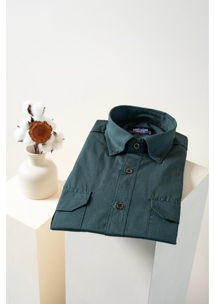 Erkek Comfort Fit Kısa Kol Çift Cep Kapaklı Yıkamalı Poplin Gömlek Fargo Ss B01.251.387 - Orman Yeşili