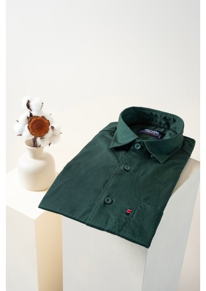 Erkek Comfort Fit Basic Kısa Kol Tek Cepli Yıkamalı Gabardin Gömlek Kansas Ss B01.251.428 - Orman Yeşili