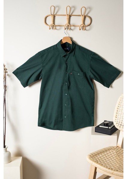 Erkek Comfort Fit Basic Kısa Kol Tek Cepli Yıkamalı Gabardin Gömlek Kansas Ss B01.251.428 - Orman Yeşili