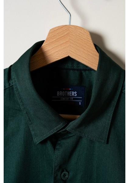 Erkek Comfort Fit Basic Kısa Kol Tek Cepli Yıkamalı Gabardin Gömlek Kansas Ss B01.251.428 - Orman Yeşili