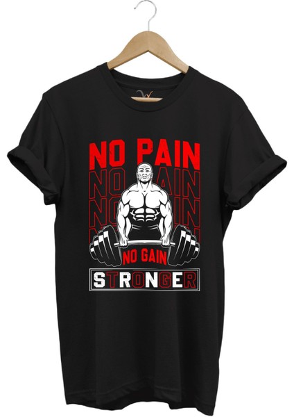 Gym Sporcu Fitness No Pain No Gain Dumbell Tasarım Baskılı %100 Pamuk Regular Fit T-Shirt