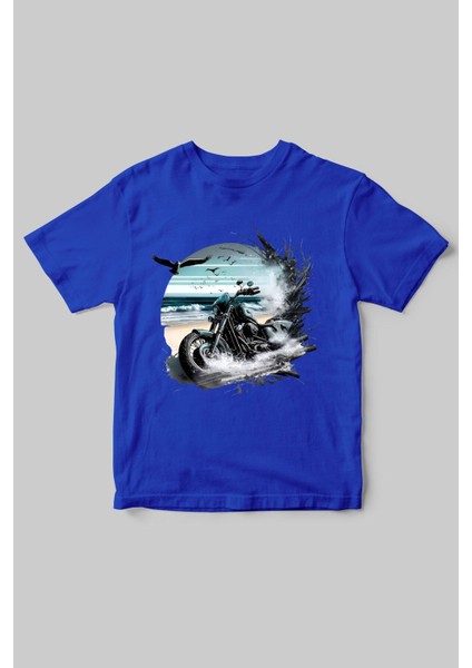Motorcu Temalı Chopper Motorsiklet ve Deniz Baskılı Regular Fit %100 Pamuk Bisiklet Yaka T-Shirt