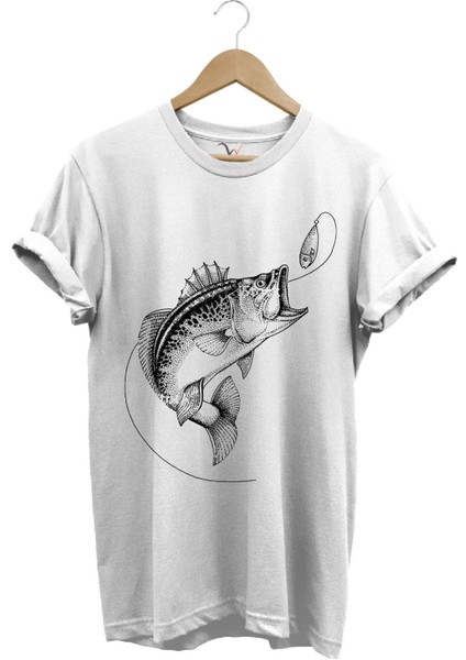 Fishing Balıkçılık Baskılı Yem Balıkçılığı Olta %100 Pamuk Bisiklet Yaka T-Shirt