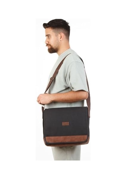 Siyah Kanvas Çapraz Omuz Çantası, Çok Bölmeli, Laptop/tablet Uyumlu fiyatları