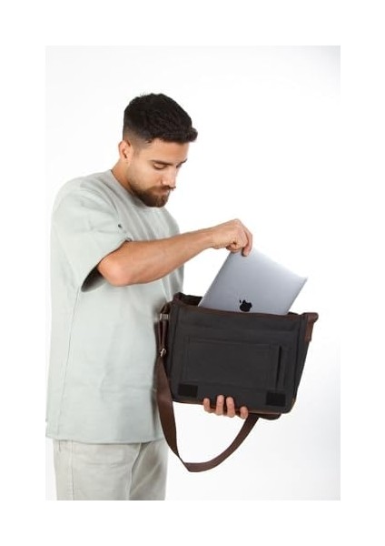 Siyah Kanvas Çapraz Omuz Çantası, Çok Bölmeli, Laptop/tablet Uyumlu modelleri