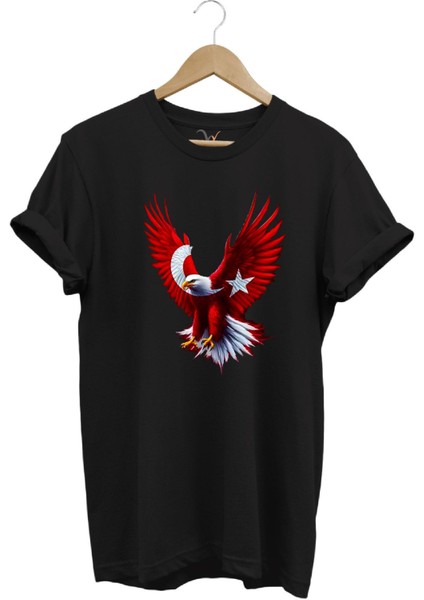 Türkiye Ay Yıldız Türk Bayrağı Kartal Tasarım Baskılı %100 Pamuk Regular Fit Bisiklet Yaka T-Shirt