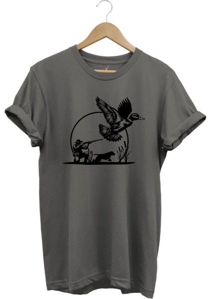 Hunting Avcılık Ördek Avı ve Avcı Köpeği Tüfek Baskılı %100 Pamuk Regular Fit Bisiklet Yaka T-Shirt
