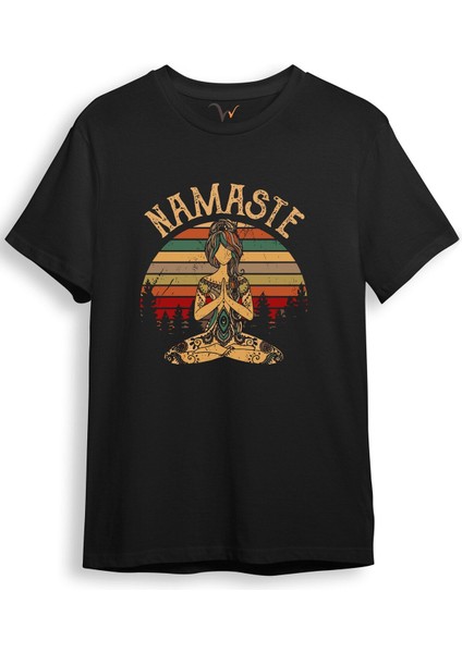 Unisex Yoga Nameste Baskılı Şık Tasarımlı %100 Pamuk Bisiklet Yaka T-Shirt