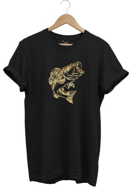 Fishing Balık Avı Kamuflaj Desenli Balık Baskılı %100 Pamuk Regular Fit T-Shirt
