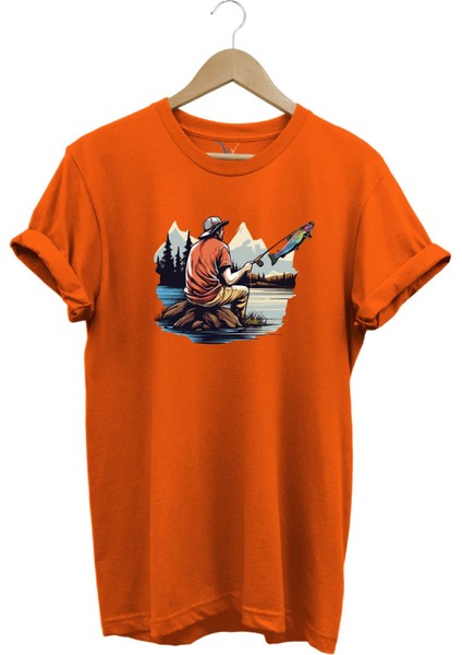 Fishing Balıkçılık Baskılı Olta ile Alabalık Avı %100 Pamuk Regular Fit T-Shirt