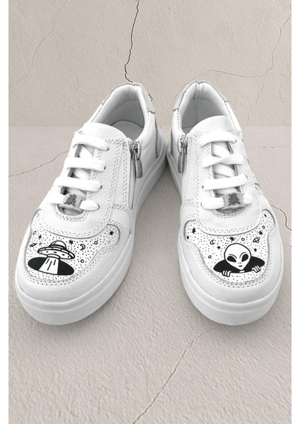 Tbons Özel Tasarım Hakiki Deri Beyaz Bağcıklı Fermuarlı Çocuk Ayakkabı