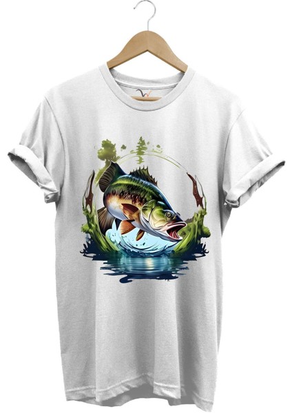 Balıkçılık Levrek Balıkçılığı Fishing Doğa ve Deniz Baskılı Regular Fit %100 Pamuk Tişört
