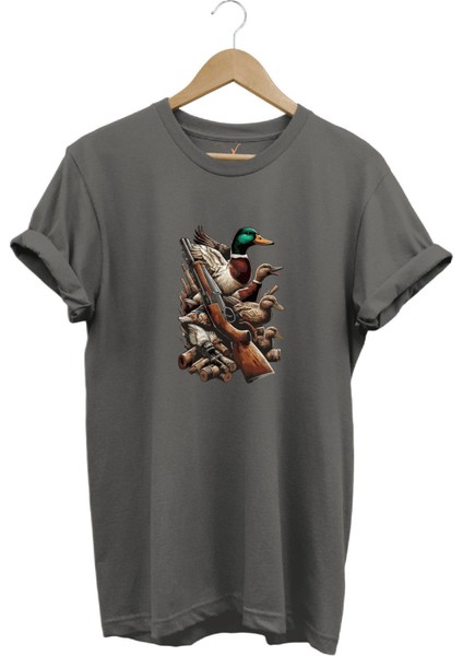 Hunting Avcılık Baskılı Ördek Avı ve Tüfek Baskılı %100 Pamuk Regular Fit Bisiklet Yaka T-Shirt