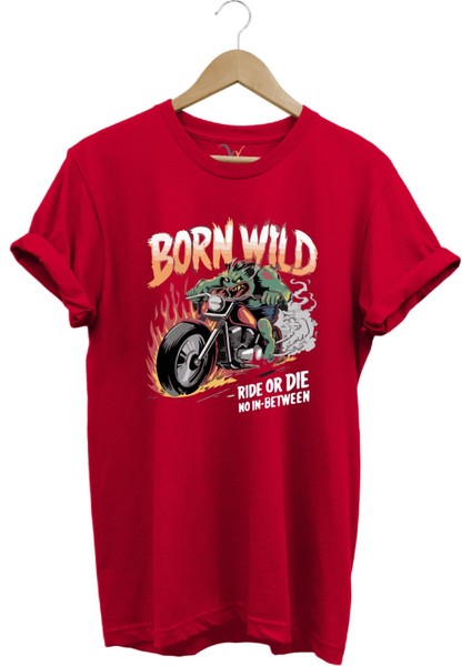 Motorsiklet Born Wild Ride Or Die Baskılı Kuru Kafa %100 Pamuk Regular Fit Bisiklet Yaka T-Shirt
