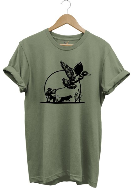 Hunting Avcılık ve Avcı Baskılı %100 Pamuk Regular Fit Bisiklet Yaka T-Shirt