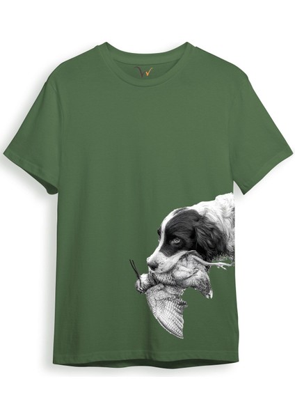 Hunter Avcılık Baskılı Av Köpeği Ağzında Çulluk Yan Detay Bakılı %100 Pamuk Regular Fit T-Shirt