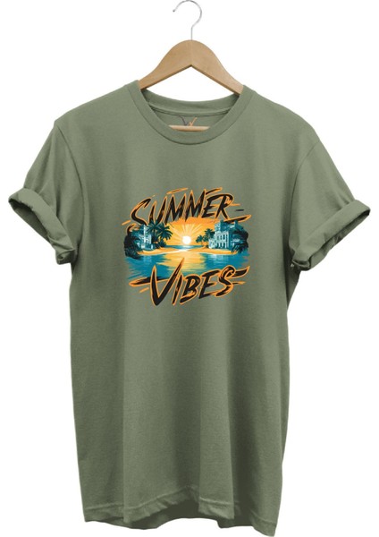 Summer Vibes Baskılı Yazlık Tatil Deniz %100 Pamuk Regular Fit Bisiklet Yaka T-Shirt