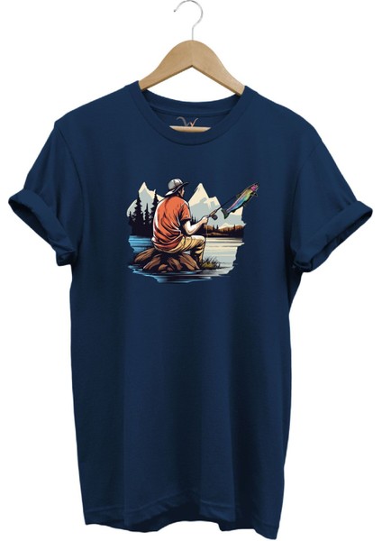 Fishing Balıkçılık Baskılı Olta ile Alabalık Avı %100 Pamuk Regular Fit T-Shirt